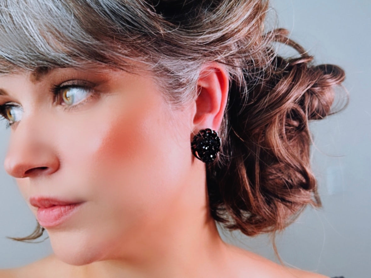 All Black 1960's Sparkling Earrings, 60s Signed Designer Weiss Vintage Teardrop Clip On Black Rhinestone on Black Enamel Earrings