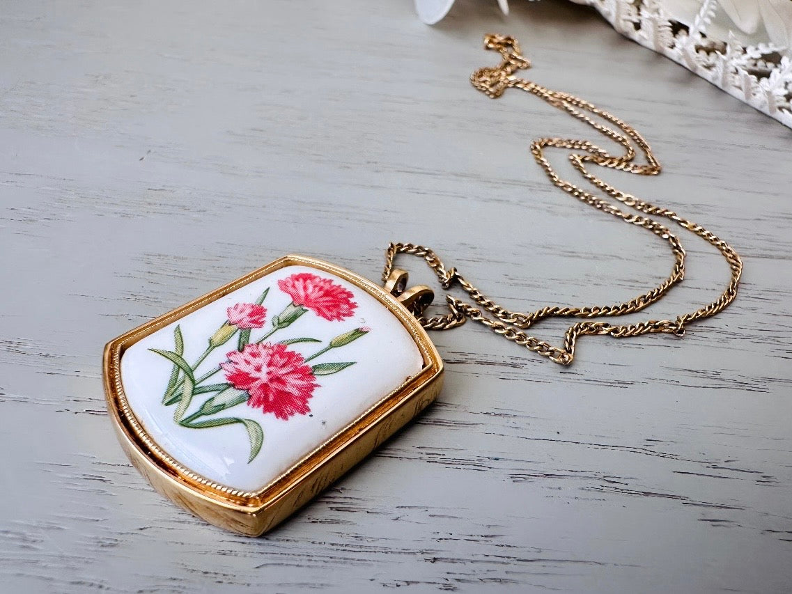 January Birthflower Necklace, Pink Carnation January Birthday Necklace, 1980 Floral Heritage Porcelain & Gold Botanical Flower Pendant