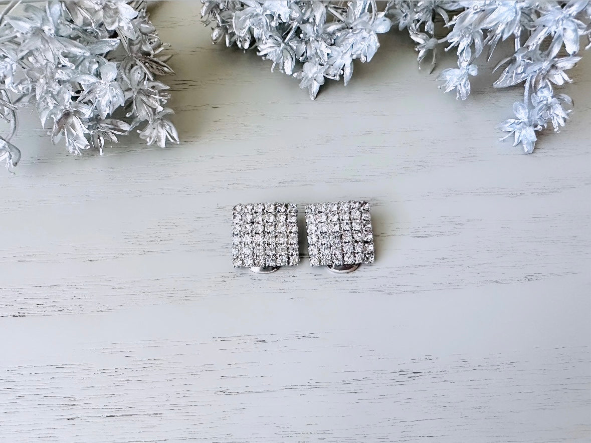 1970s Disco Earrings, Bejeweled Vintage Rhinestone Earrings, Big Square Statement Earrings, Sparkling Silver Earrings, Retro Glam Style