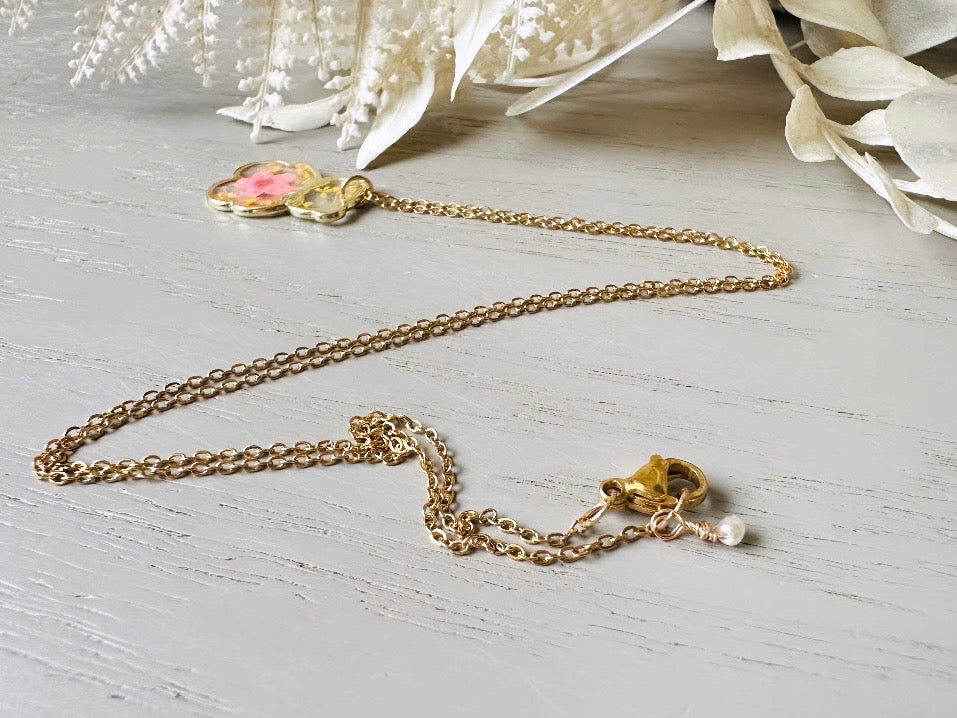 Teddy Bear Necklace, Handmade Dried Flower Bear Charm Necklace, Pink Pressed Flower Gold Bear Pendant on 18k Gold Chain, Choose Your Length