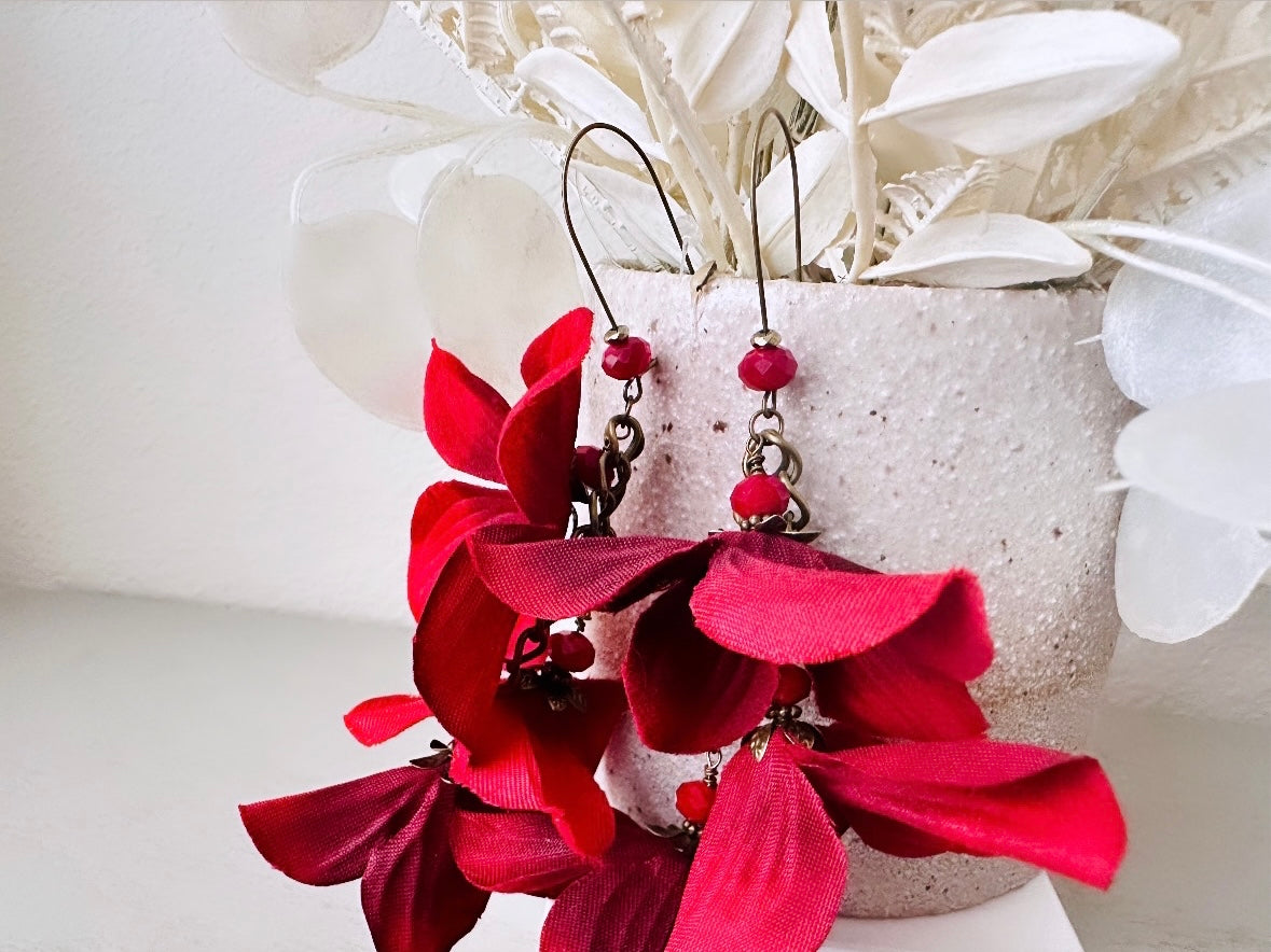 Red Hydrangea Earrings, Handmade Whimsical Fabric Flower Earrings, Unique Christmas Red Earrings, Dramatic Oversized Red Faerie Earrings