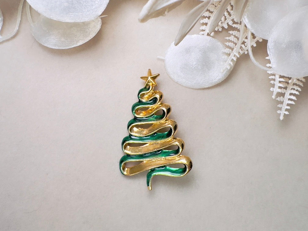 Christmas Tree Brooch, Vintage Green Enamel Ribbon Pin, Danecraft Holiday Sweater Pin with Star
