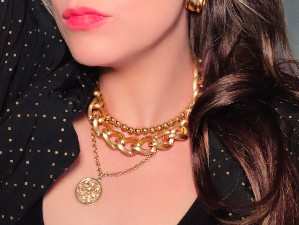 Chunky Gold Chain Necklace, Thick Gold Curb Link Vintage Necklace, 80s Gold Choker, High Fashion Runway Textured Gold Link Collar Necklace from Piggle and Pop