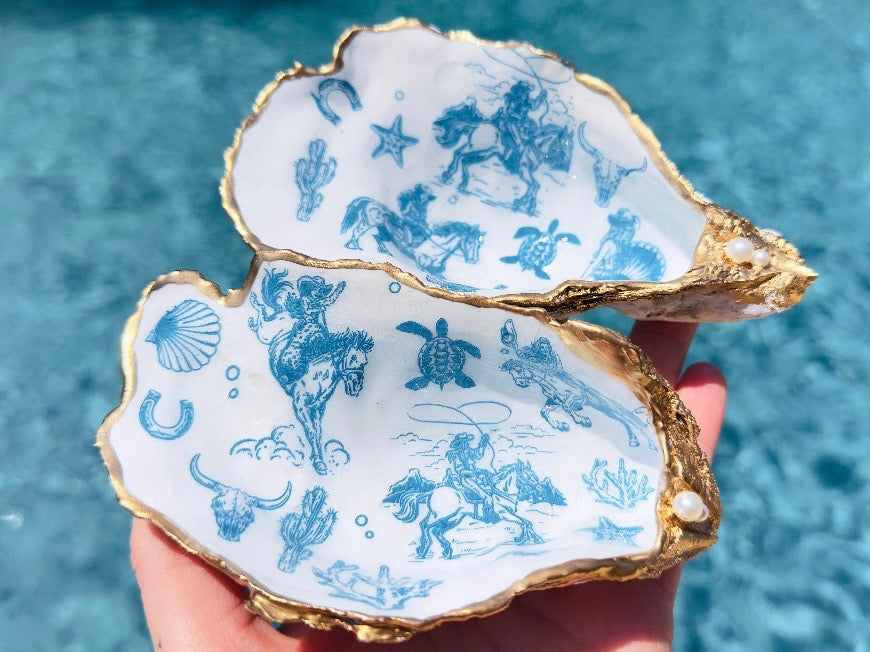 Coastal Cowgirl Oyster Shell Dishes, Handmade in Texas Western Trinket Jewelry Holder with Pearls