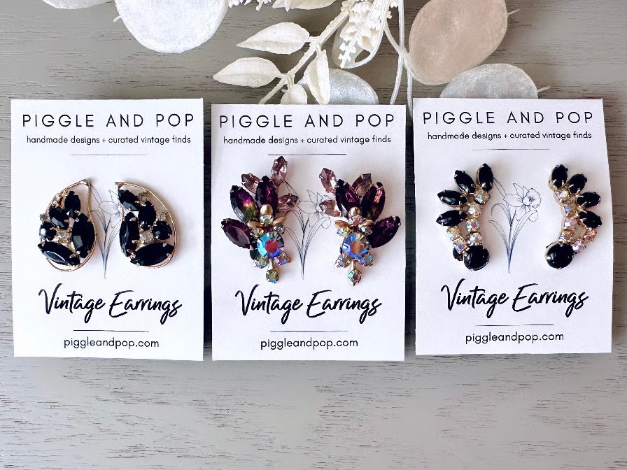Black Weiss Earrings, Rare WEISS Vintage Designer Earrings, Showstopping Black & Diamond Rhinestone Earrings, Gorgeous 1960's Crystal Mosaic Teardrop Clip On Earrings from Piggle and Pop