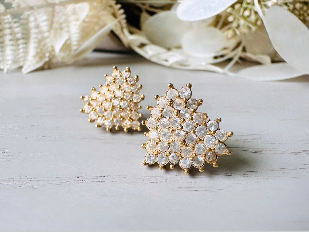 These crystal heart earrings are a stunning pair of vintage Roman Designer pave diamond rhinestone earrings. These pierced post heart stud earrings have an understated elegance, perfect for cocktail hour, or a bridal look. These are post/stud style for pierced ears, from the 1990s.