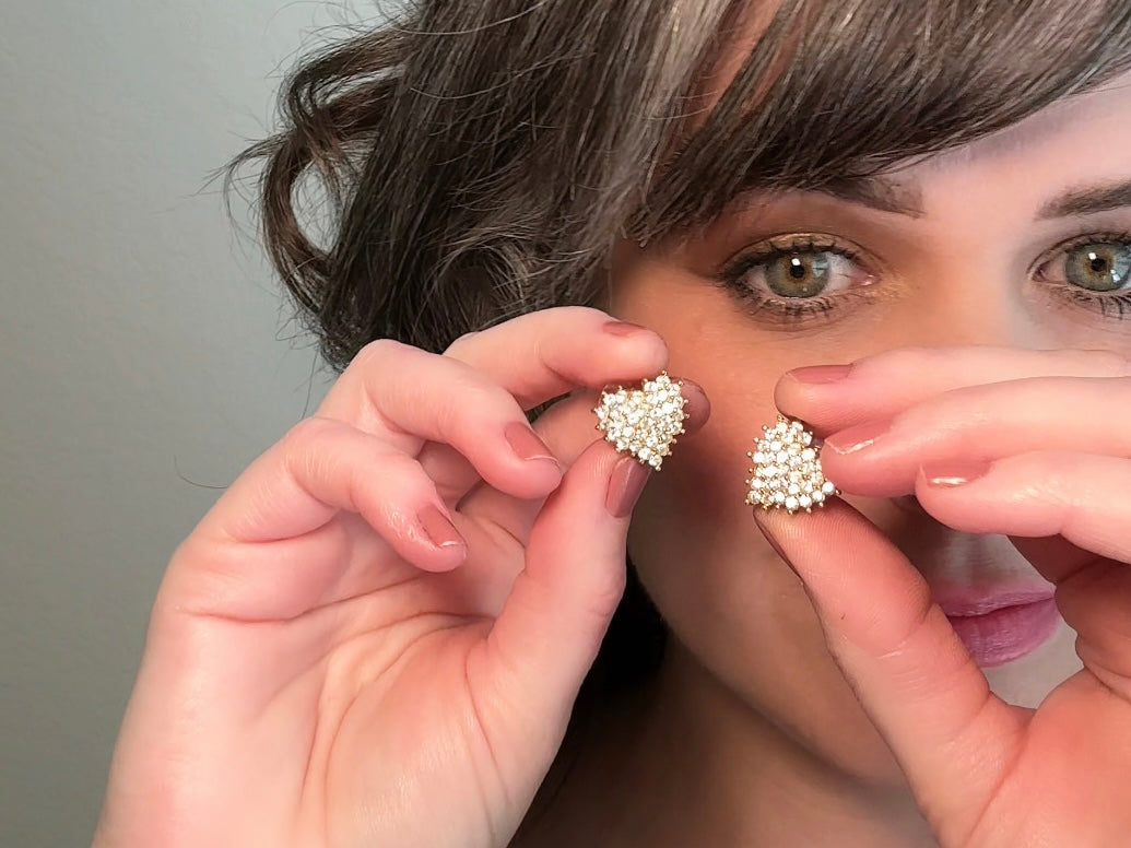 These crystal heart earrings are a stunning pair of vintage Roman Designer pave diamond rhinestone earrings. These pierced post heart stud earrings have an understated elegance, perfect for cocktail hour, or a bridal look. These are post/stud style for pierced ears, from the 1990s.