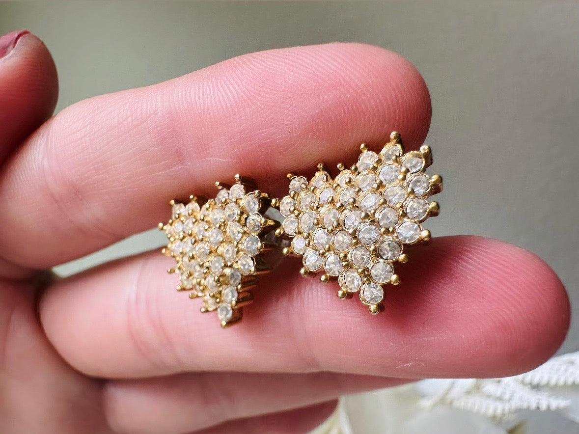 These crystal heart earrings are a stunning pair of vintage Roman Designer pave diamond rhinestone earrings. These pierced post heart stud earrings have an understated elegance, perfect for cocktail hour, or a bridal look. These are post/stud style for pierced ears, from the 1990s.