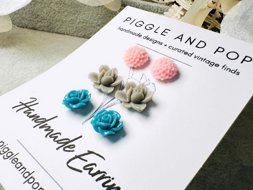 Flower Post Earrings Set in Pink Grey and Teal, Hypoallergenic for Sensitive Ears