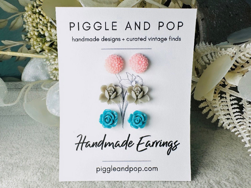 Flower Post Earrings Set in Pink Grey and Teal, Hypoallergenic for Sensitive Ears