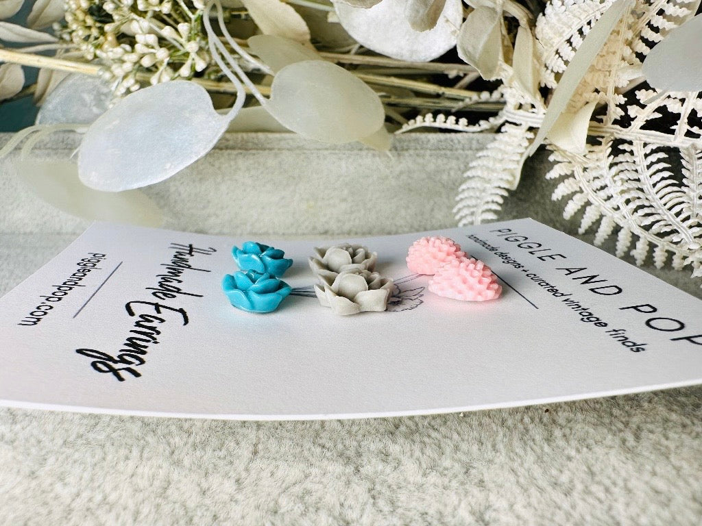 Cute Flower Post Earrings Set in Pink Grey and Teal 1