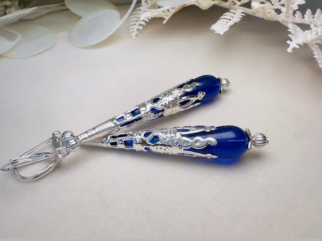 Blue Teardrop Earrings, Long Handmade Cobalt Blue Czech Glass Beaded Drop Earrings with Victorian Silver Filigree Cones