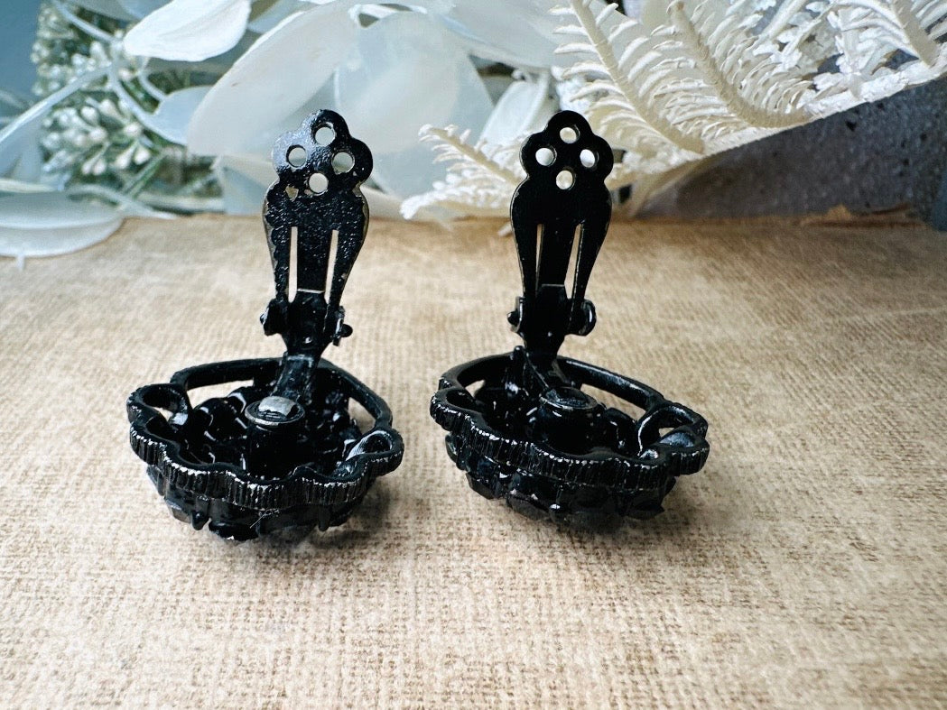 All Black 1960's Sparkling Earrings, 60s Signed Designer Weiss Vintage Teardrop Clip On Black Rhinestone on Black Enamel Earrings
