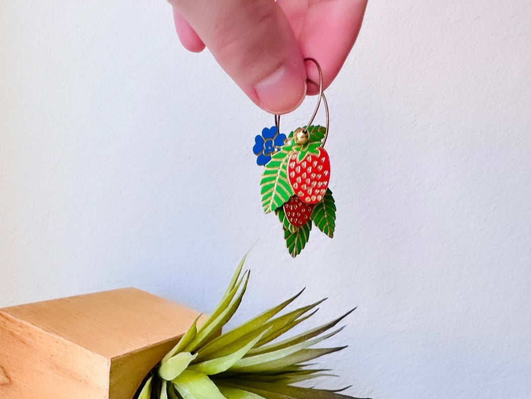 Berebi Strawberry Earrings, Cute Enamel Strawberry Earrings, Fun Fruit Earrings, Pierced Enamel Hoop Earrings, Colorful Retro Designer Hoops