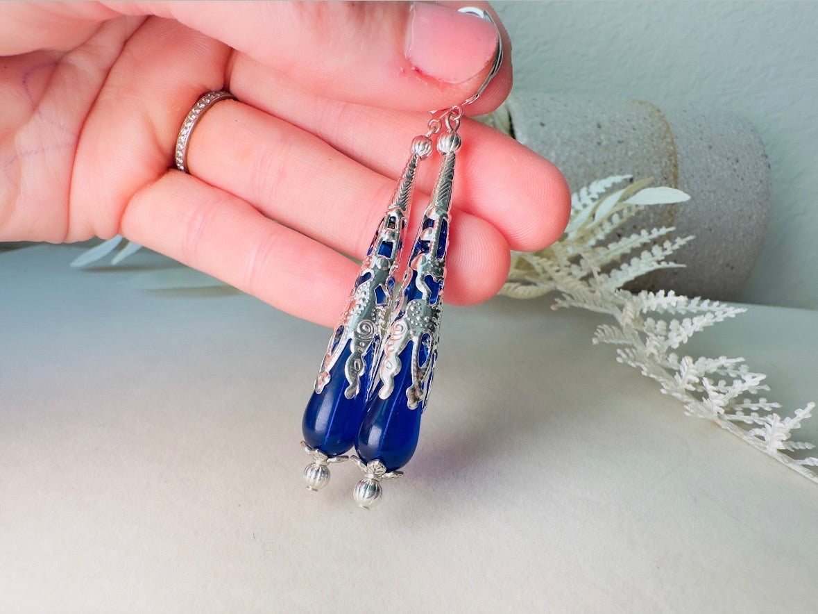 Blue Teardrop Earrings, Long Handmade Cobalt Blue Czech Glass Beaded Drop Earrings with Victorian Silver Filigree Cones