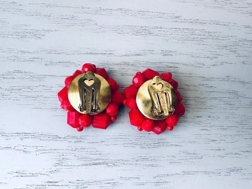 Cherry Red Beaded Earrings, Vintage German Earrings, Big Faceted Red Acrylic Vintage Earrings, Popcorn Style 1960s Clip On Earrings