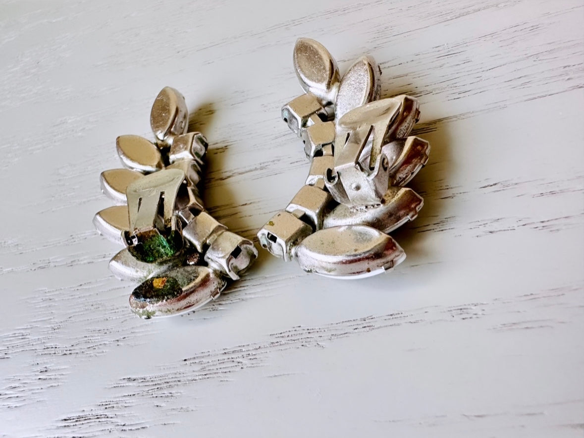 Vintage Milk Glass Earrings, 1960s Dramatic Rhinestone Clip-on Earring, Prong Set Vintage Crawler Earrings, Stunning Elegant Bridal Earrings