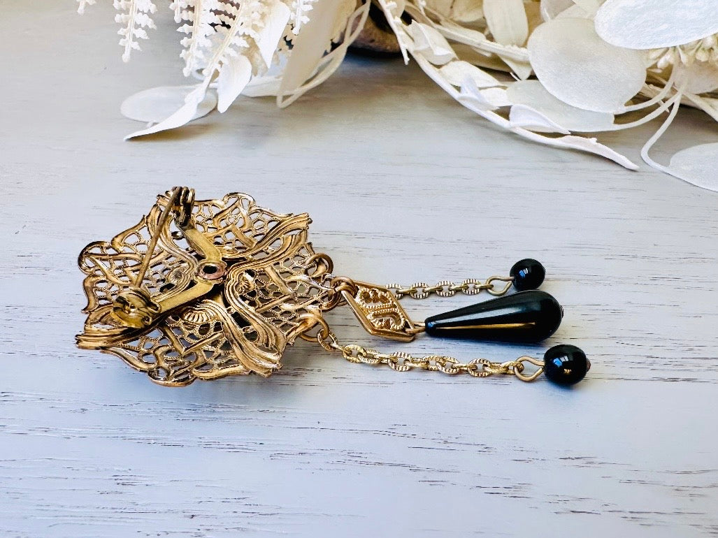 Black Vintage Brooch, Antique Bronze Filigree Brooch with Black Cameo & Chain Tassels Romantic Vintage Pin Victorian Revival Gifts for Her