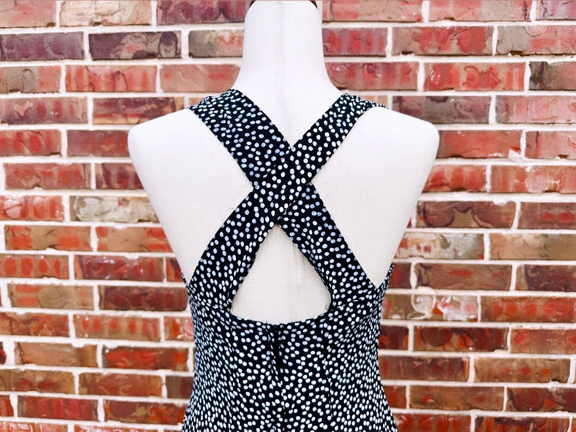 Vintage 1990s Dress, Black + White Polkadot 90s Sundress Effortlessly Cool Rabbit Jr Maxi Dress with Slit, Sweetheart Neckline, Cross Back