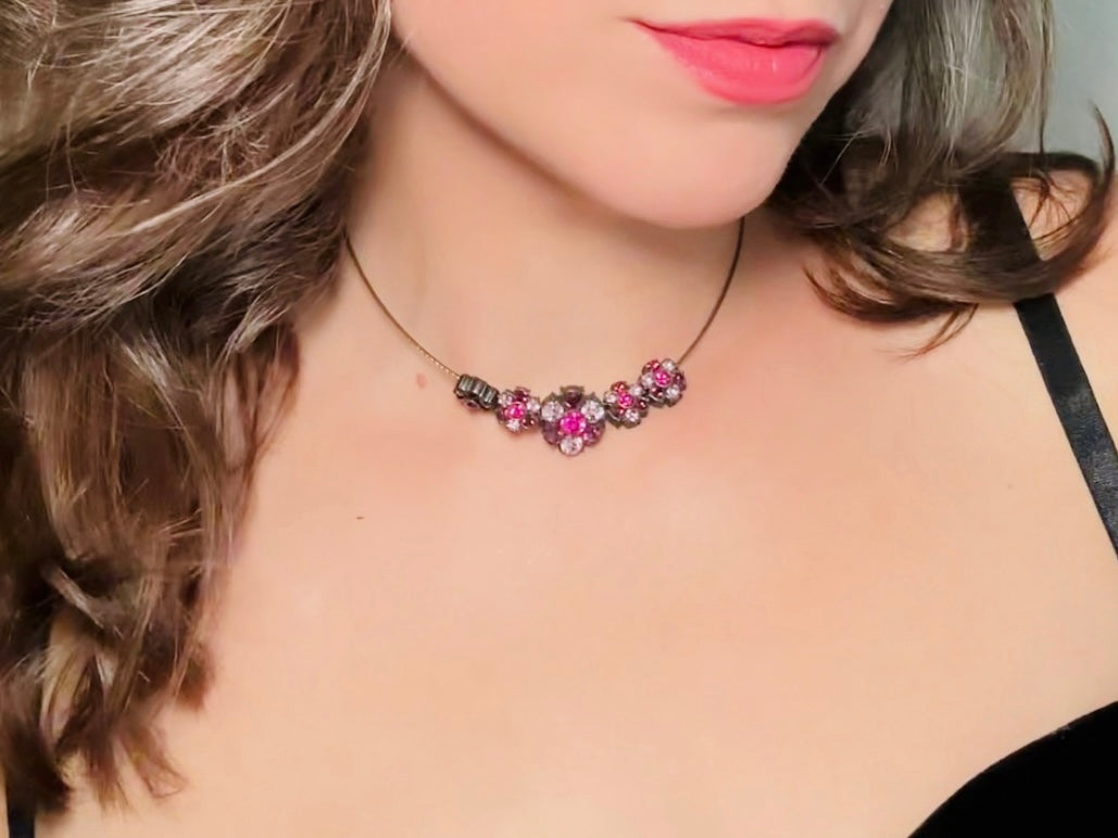 1928 Magenta Pink Rhinestone Floral Bronze Wire Necklace, 90s/Y2K NWT