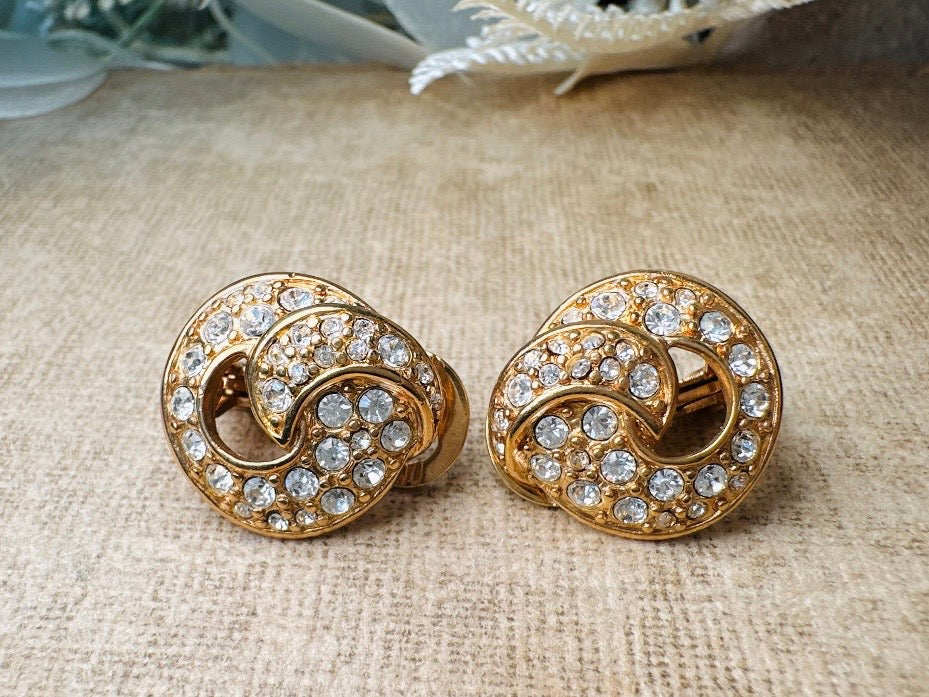 Vintage Monet Gold Knot Earrings with Diamond Rhinestones, Elegant Cocktail Clip On Earrings