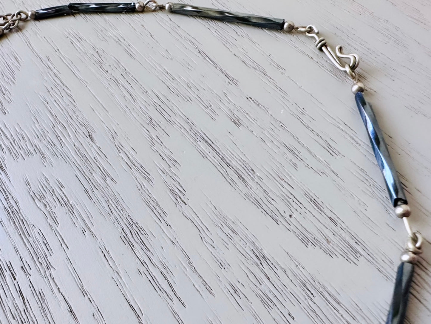 Vintage Peruvian Wire Work Necklace, Bohemian Metal Fringe Silver Grey Stone Necklace, Dramatic Boho Pendant Necklace