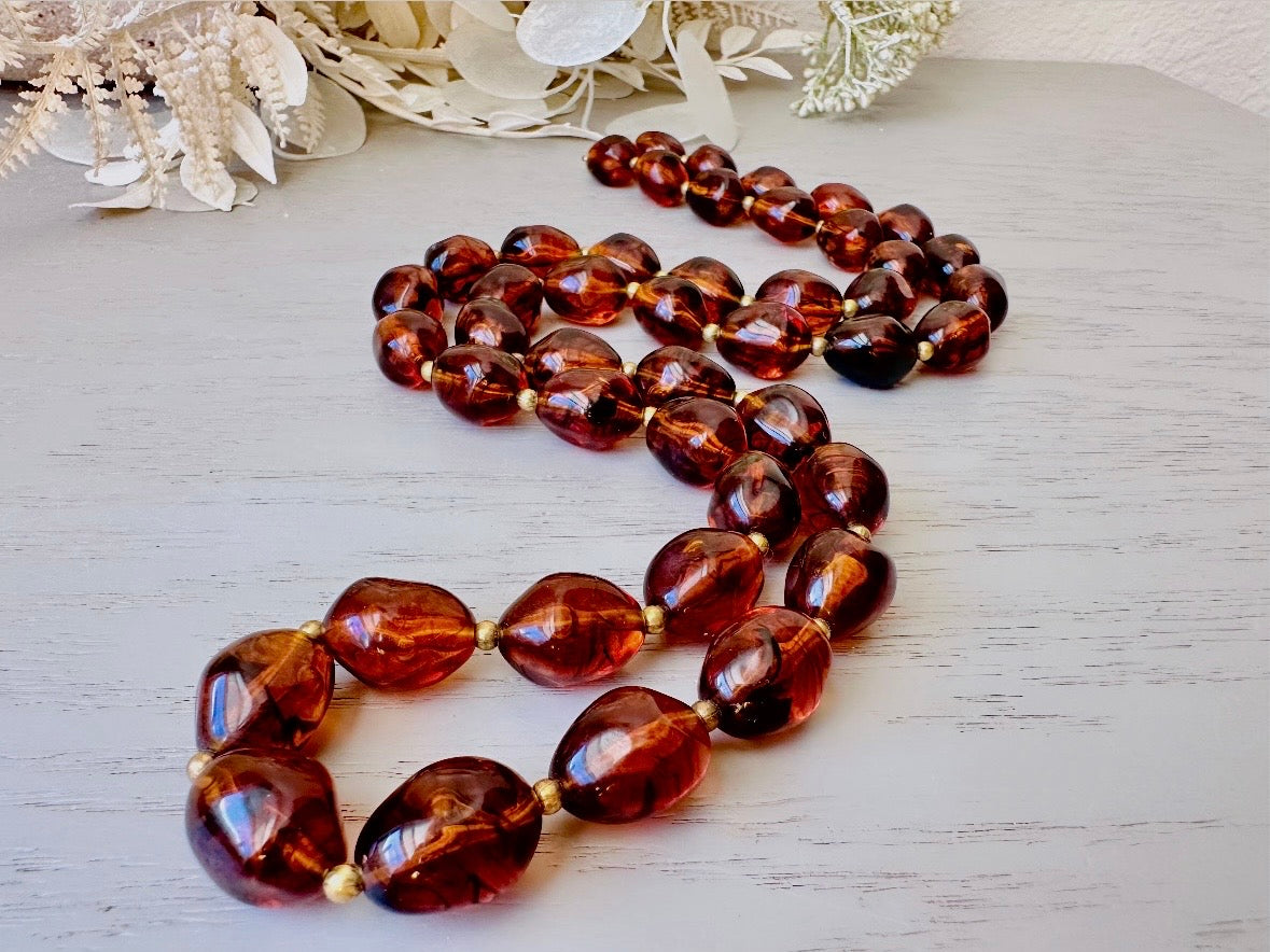 Vintage Faux Amber Necklace, Long Beaded Glowing Rootbeer Simulated Amber Trifari Necklace with Gold Accents, 1970s Signed Designer Jewelry