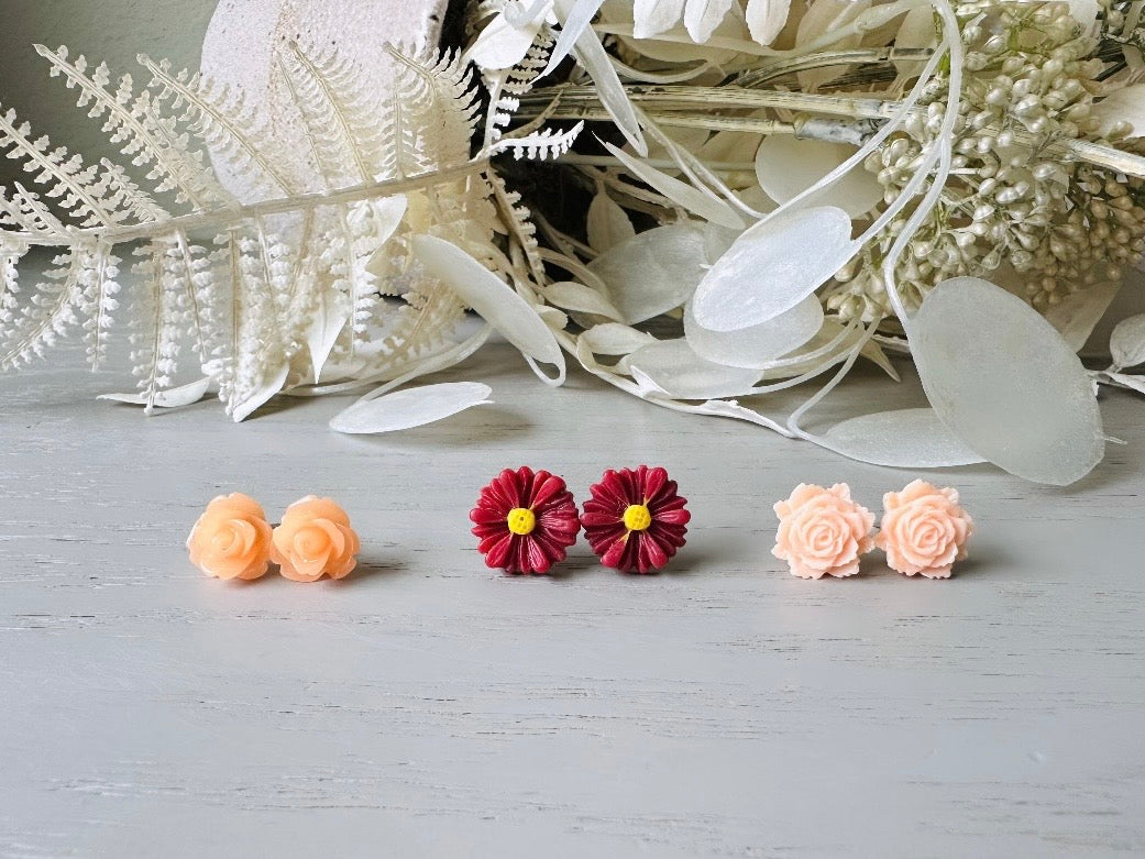 Flower Earrings Gift Set, Juicy Melon Rose, Deep Red Gerber Daisy, Summer Peach Rose, Cute Floral Hypoallergenic Post Earrings for Girls