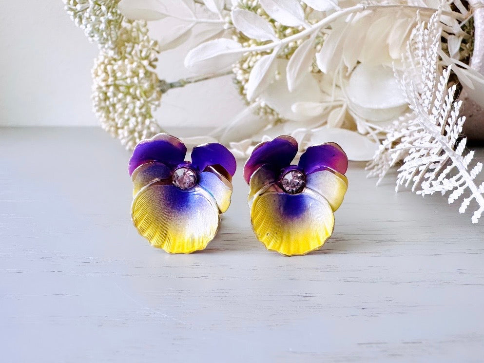 Vintage Pansy Flower Earrings, Purple and Yellow Enamel Clip On Earrings with Rhinestone Center, Pretty Spring Summer Flower Vintage Earring