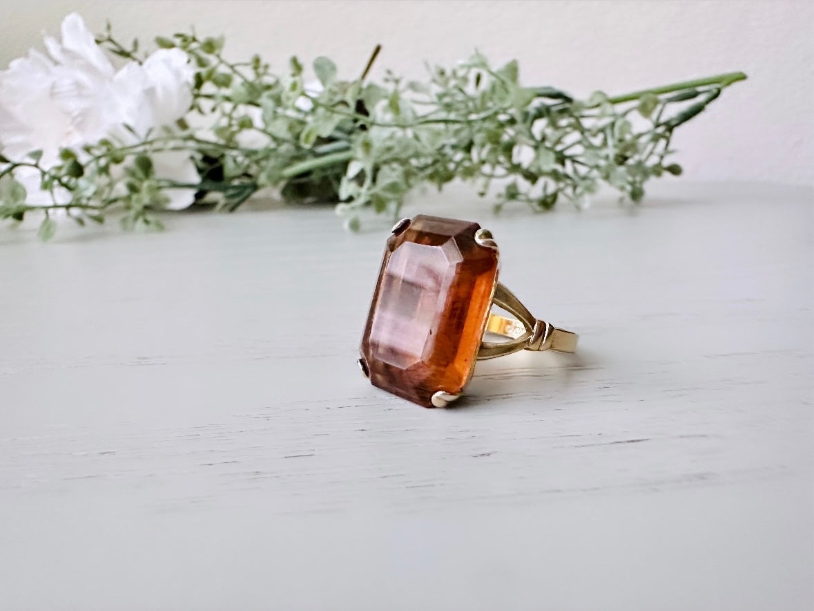 Vintage 70s Ring, Large Solitaire Topaz Rectangle Emerald Cut 1978 Smoky Lustre November Birthstone Cocktail Ring, Chunky Costume Jewelry