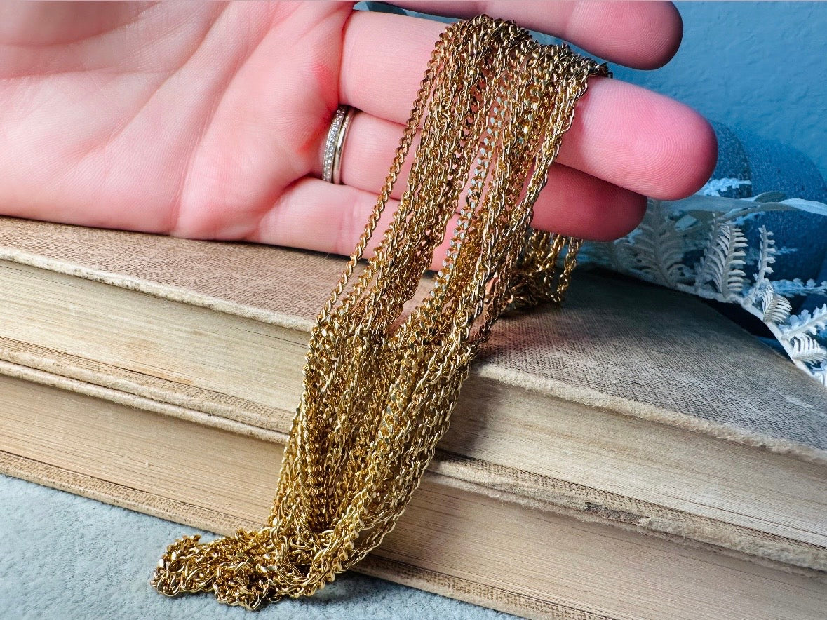 Vintage Gold Chain Multistrand Necklace, Gorgeous 8 Strand Fine Gold Chain Layered Necklace with Beautiful Butterfly Clasp