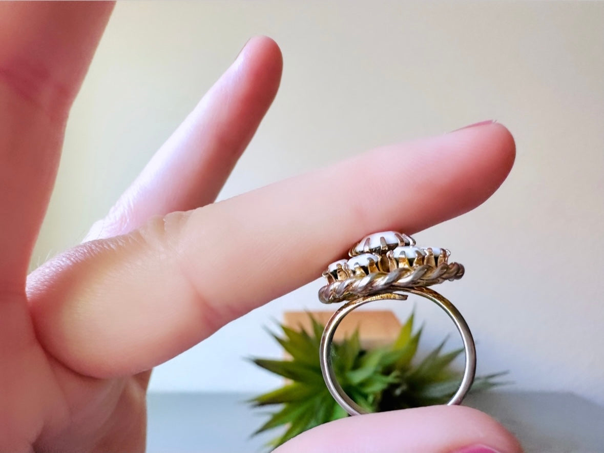 White Milk Glass Ring, Vintage Statement Ring, Vintage White Ring, Gold Tone Cocktail Ring, Chunky Retro Rhinestone Costume Ring