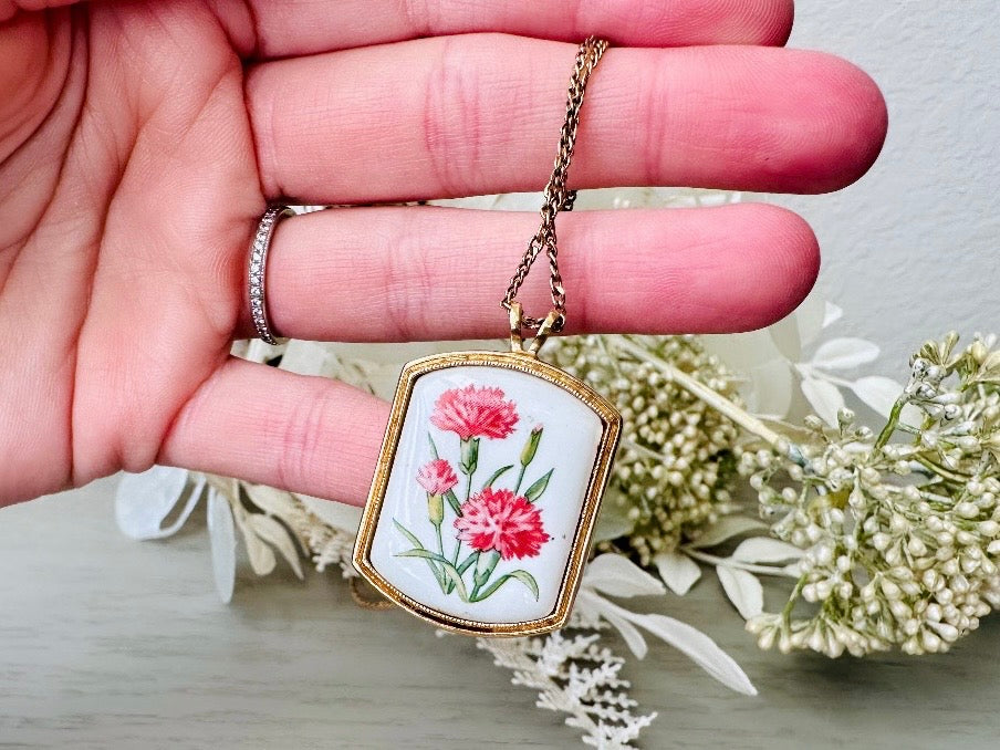 January Birthflower Necklace, Pink Carnation January Birthday Necklace, 1980 Floral Heritage Porcelain & Gold Botanical Flower Pendant