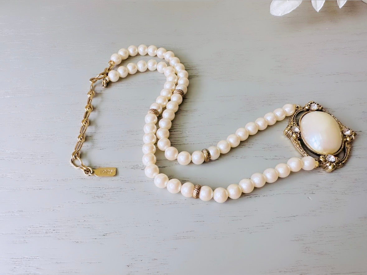 1928 Pearl Cameo Necklace, Oval Faux Pearl Openwork Pendant Necklace with Diamond Rhinestones, Victorian Revival Gold Pearl Beaded Necklace