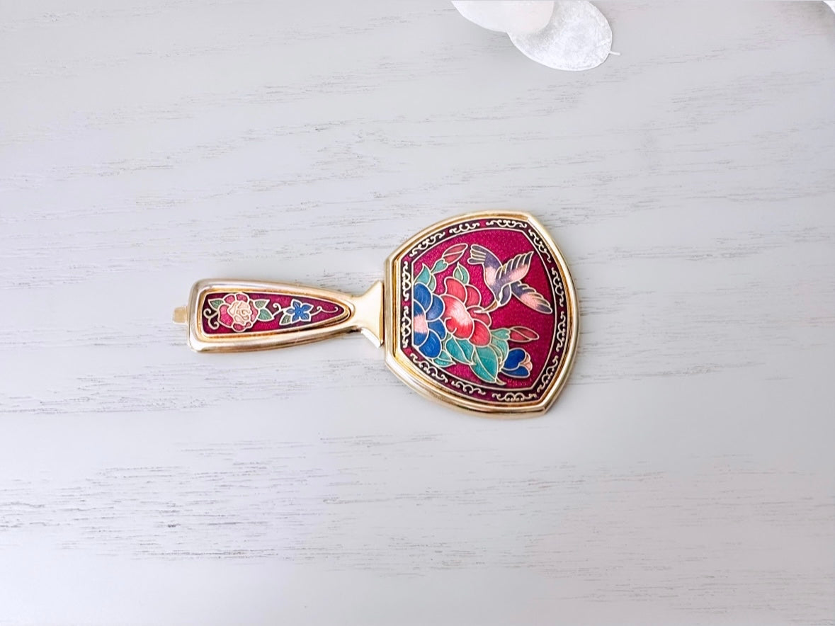 Vintage Cloissone Folding Flip Mirror, Deep Red Blue Gold Vintage 1970s Floral Hummingbird Pocket Mirror, Colorful Flower Mini Makeup Mirror