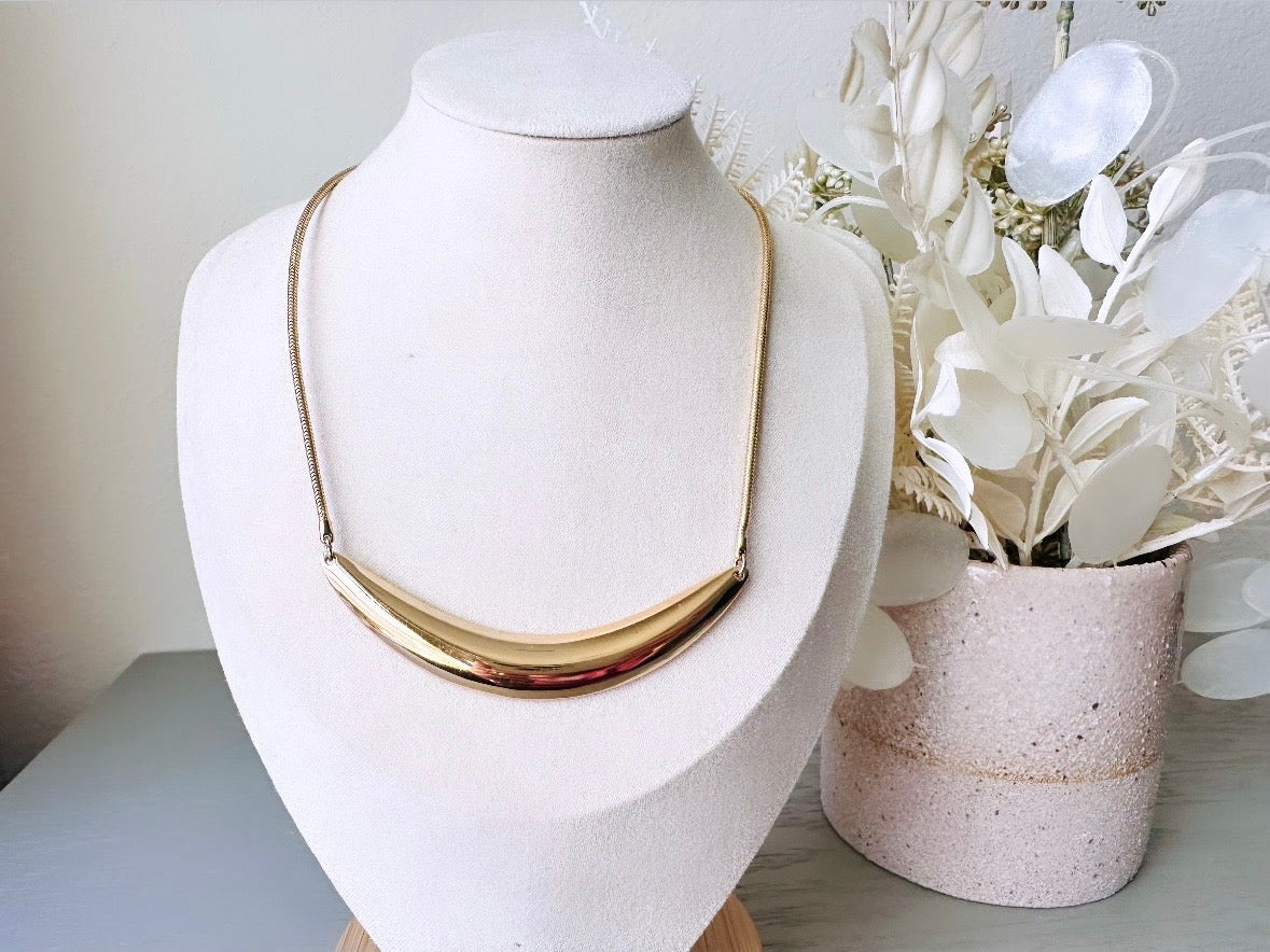 Gold Vintage Napier Choker Necklace, Sleek Gold Collar Necklace, 80's Bold Gold Geometric Crescent Bar Necklace, Signed Designer Vintage