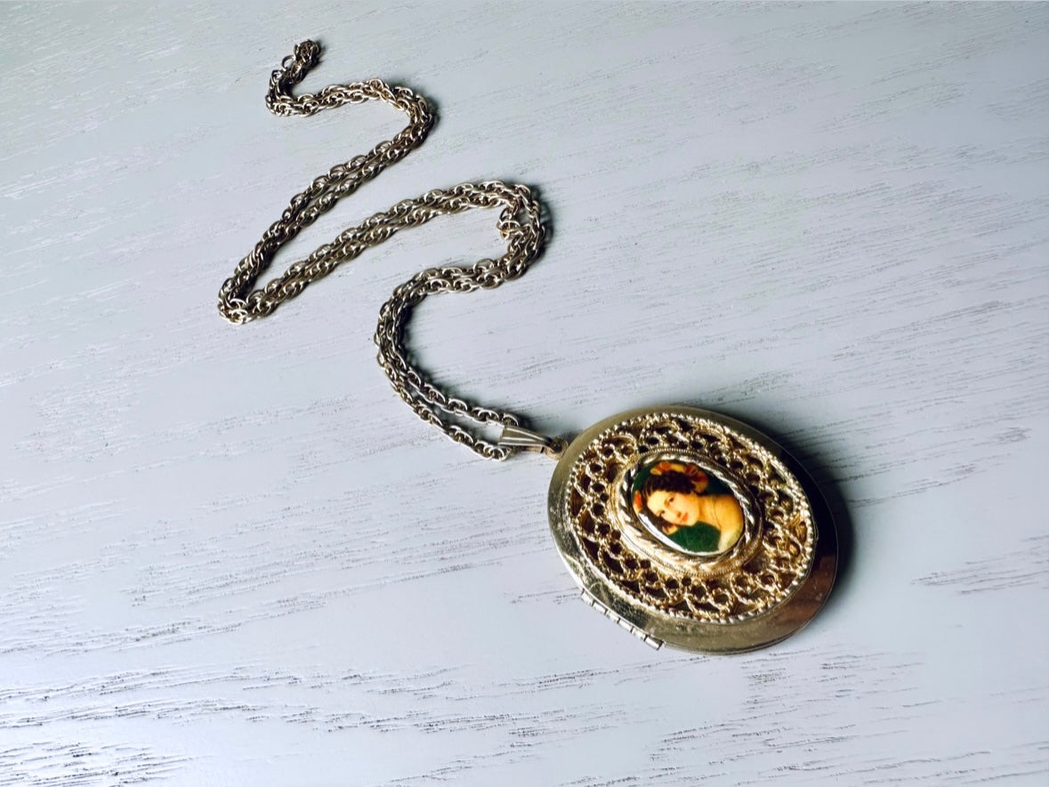 Vintage Victorian Cameo Locket Necklace, Antique Gold Victorian Revival Necklace, 1960s Woman Cameo Necklace