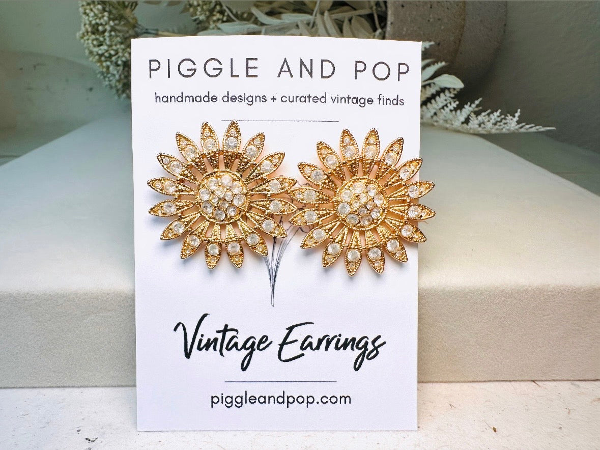 Vintage Rhinestone Flower Earrings, Diamond Crystal Sunflower Vintage Earrings, Pierced Statement Oversized Sparkling Gold Flower Earrings