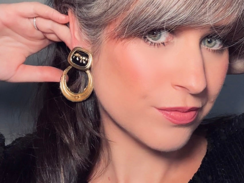 Vintage Panther Earrings, Black Enamel Rhinestone Convertible Earrings, Fantastic 1980s Matte Gold Hoop Earrings, 1980s VTG Clip On Earrings