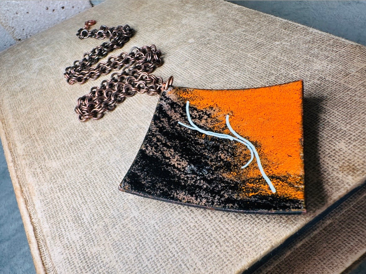 Vintage Pendant Necklace, Copper Artisan Necklace with Orange Black and White Enamel, 18" Chain Funky Abstract Retro Necklace