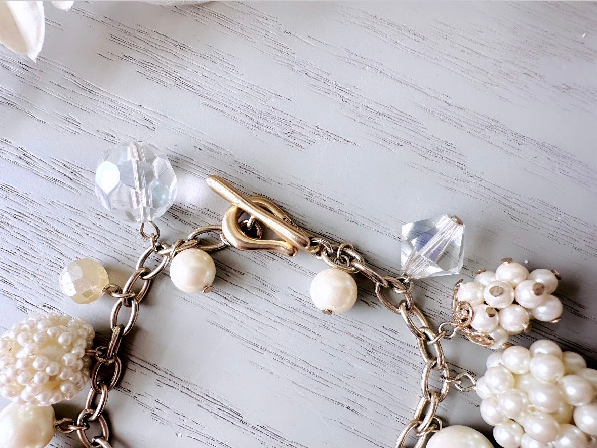 Vintage Pearl Charm Bracelet, Signed Carolee Bracelet, Pretty Cream Faux Pearl & Crystal Goldtone Bracelet, Vintage Gifts for Her 7.5” Long