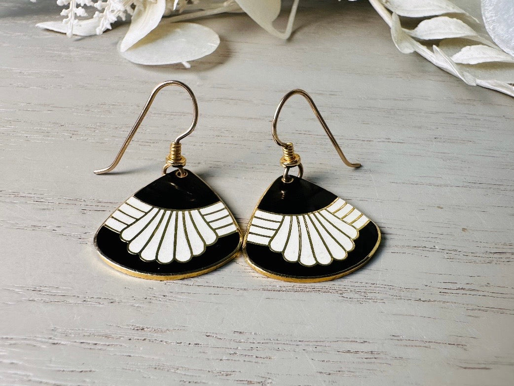 Laurel Burch Waterfall Earrings, Black and White Enamel Gold Plated 1980s Vintage Earrings, Cloisonne Dangle Earrings, French Ear Wires