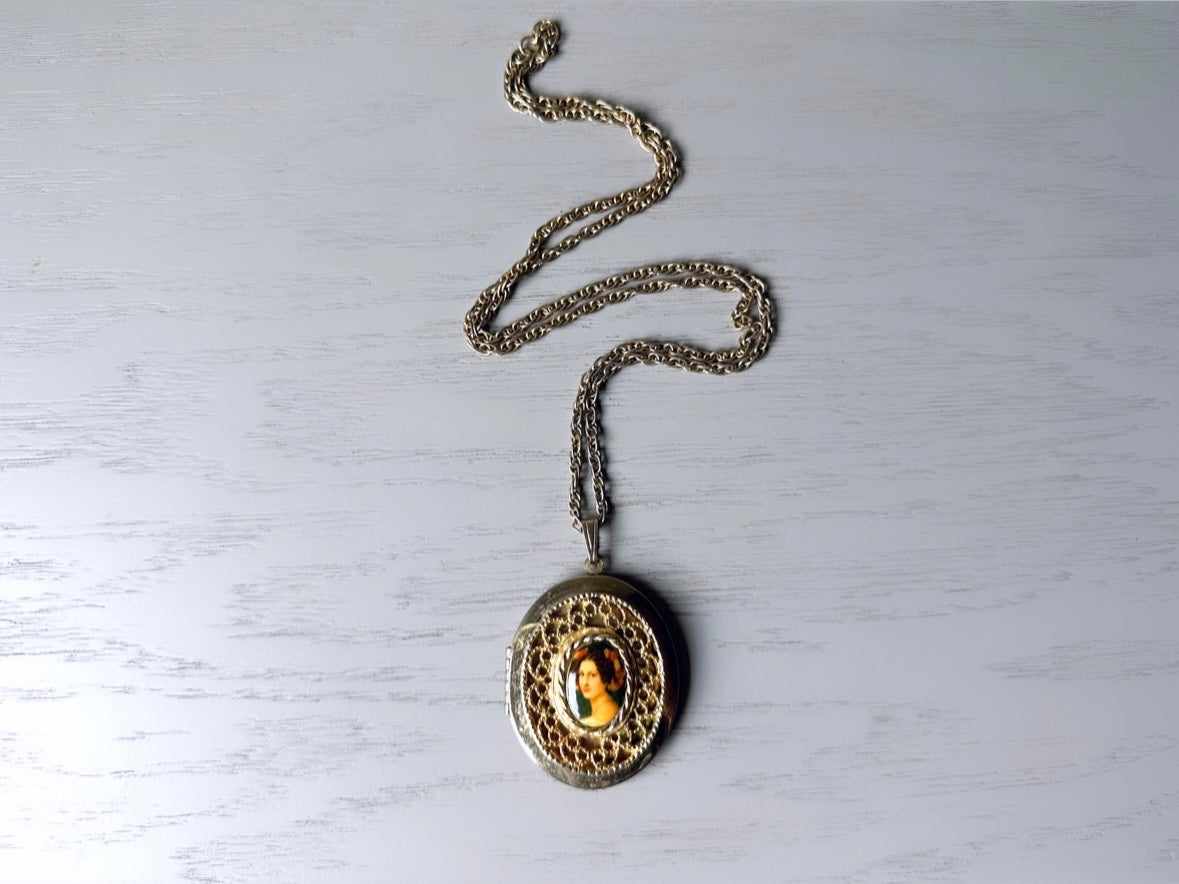 Vintage Victorian Cameo Locket Necklace, Antique Gold Victorian Revival Necklace, 1960s Woman Cameo Necklace