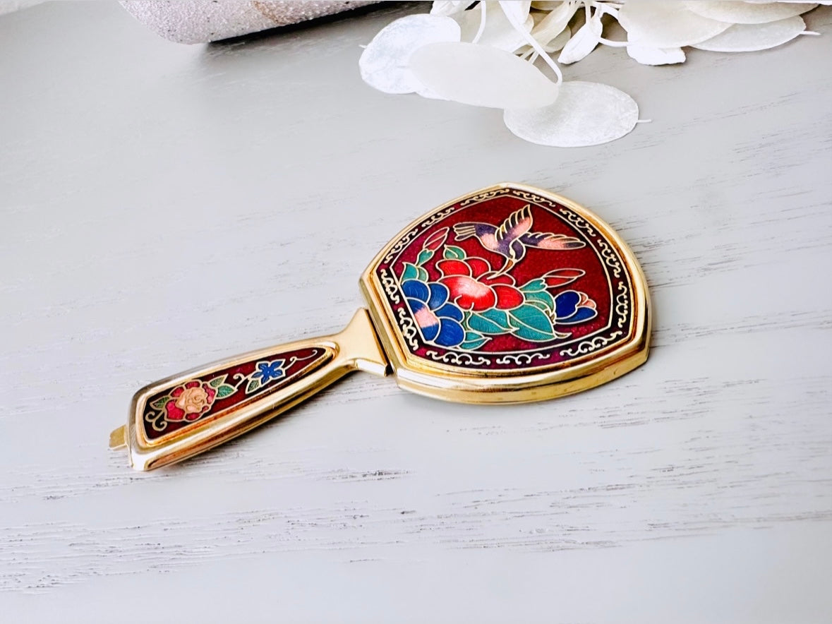 Vintage Cloissone Folding Flip Mirror, Deep Red Blue Gold Vintage 1970s Floral Hummingbird Pocket Mirror, Colorful Flower Mini Makeup Mirror