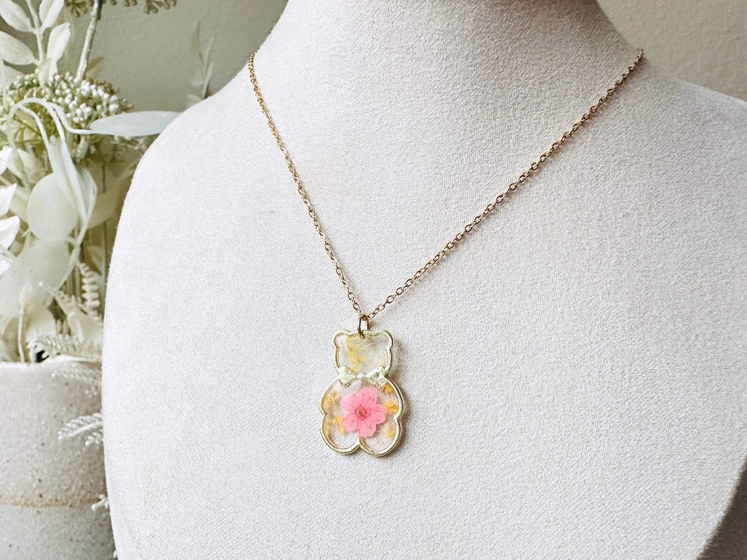 Teddy Bear Necklace, Handmade Dried Flower Bear Charm Necklace, Pink Pressed Flower Gold Bear Pendant on 18k Gold Chain, Choose Your Length