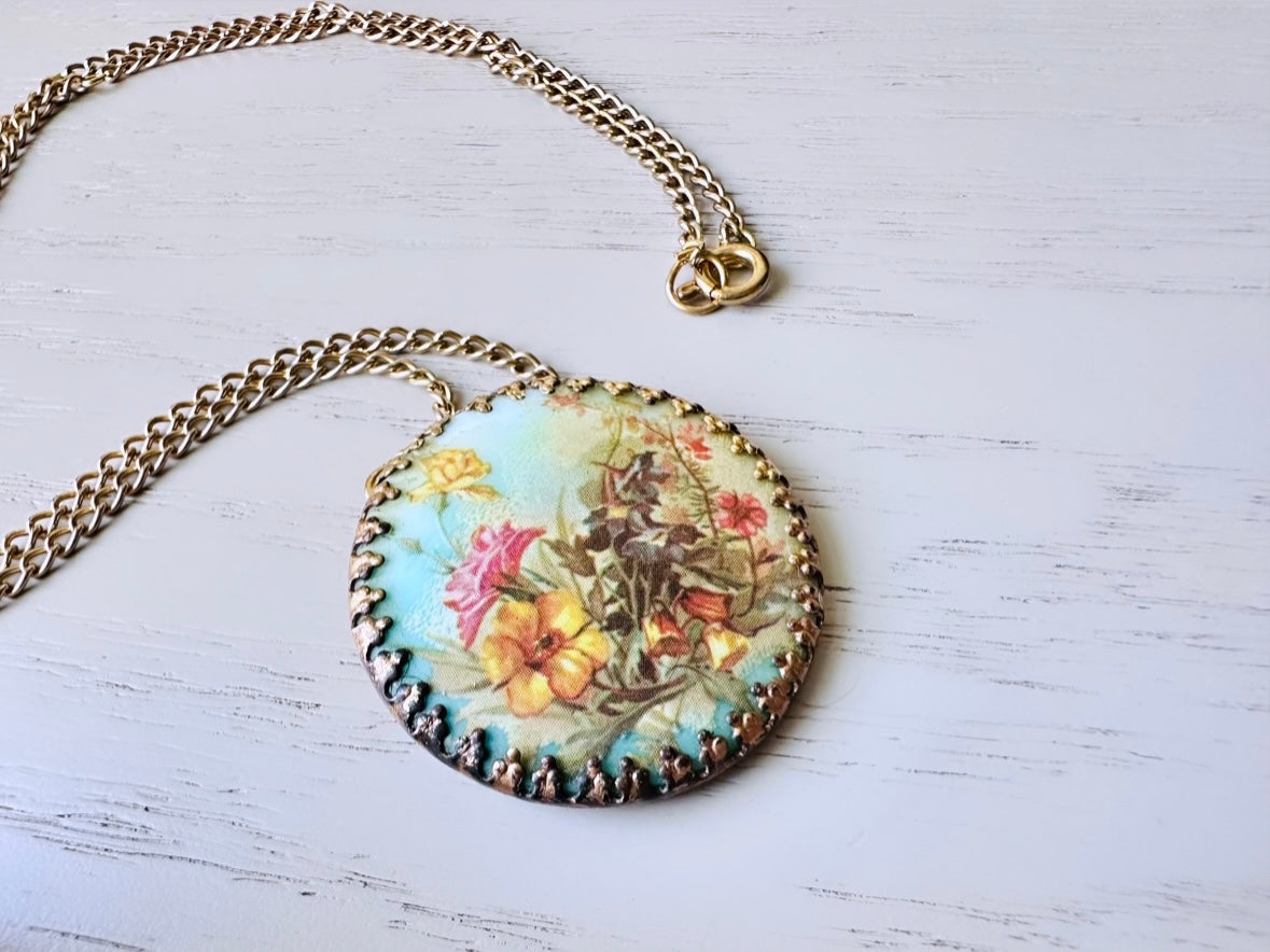 1940’s Floral Bouquet Cameo Brass Filigree Necklace, West German Flower Cameo, Darling Whimsical Pendant Necklace Blues Pink Yellows Gold