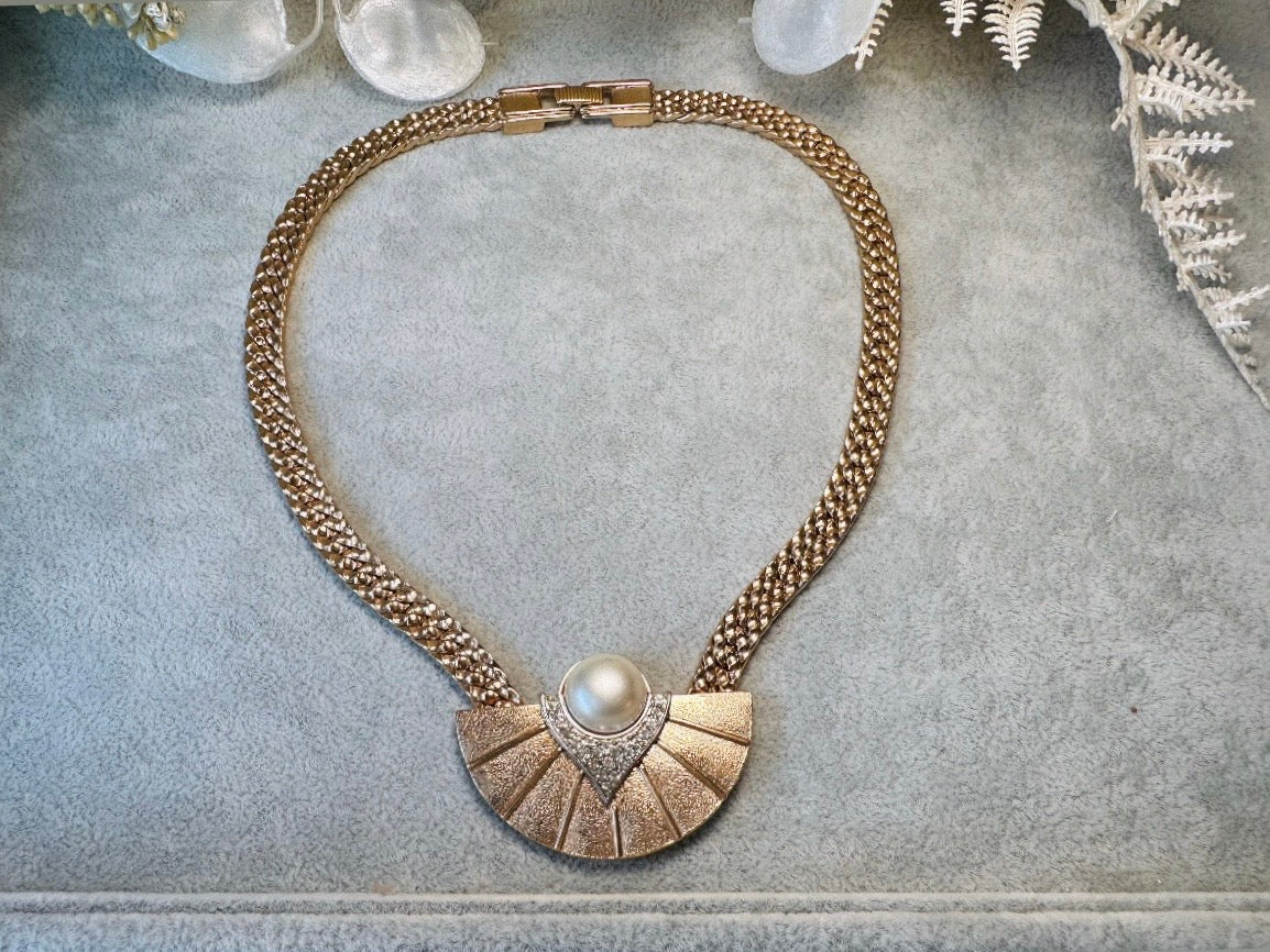 Art Deco Necklace, Vintage Park Lane Pendant Necklace w Gold Fan, 80s Pave Rhinestone Detail and Cream Pearl Cabochon, Chunky Chain Choker