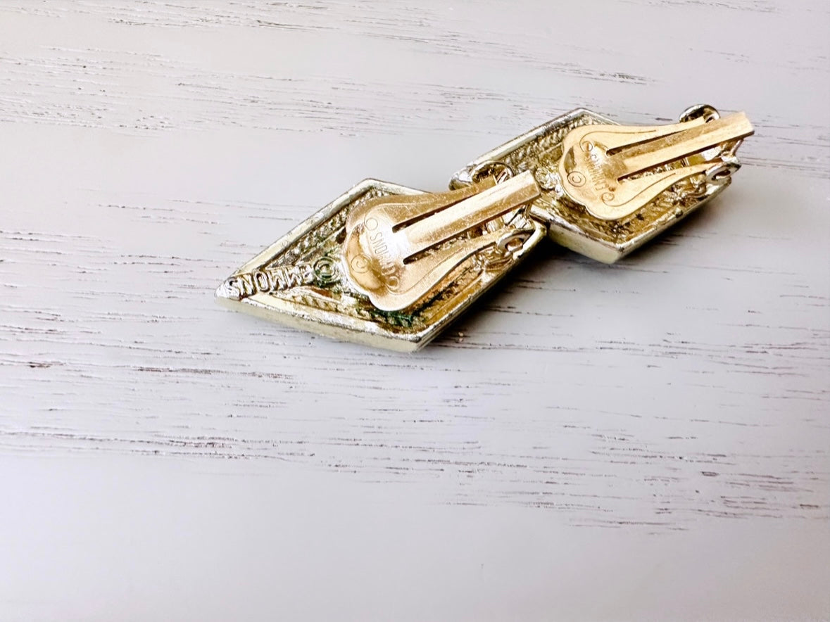 Vintage Pave Set Rhinestone Earrings, Gorgeous Sparkling Emmons Diamond Shape AB Rhinestone Clip On Earrings, Signed Cocktail Earrings