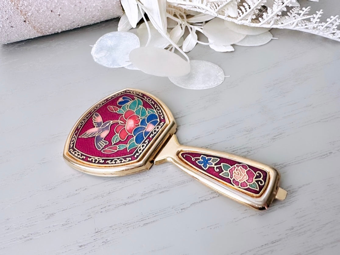 Vintage Cloissone Folding Flip Mirror, Deep Red Blue Gold Vintage 1970s Floral Hummingbird Pocket Mirror, Colorful Flower Mini Makeup Mirror