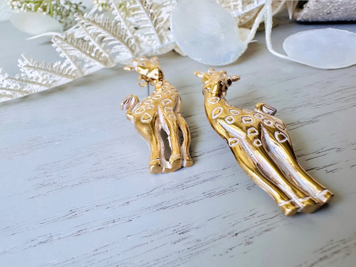 Vintage Giraffe Earrings, White and Gold Pierced Post Earrings with Moveable Head, Convertable Stud to Dangle Earrings, Animal Lover Gifts